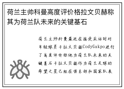 荷兰主帅科曼高度评价格拉文贝赫称其为荷兰队未来的关键基石 荷兰主帅科曼高度评价格拉文贝赫称其为荷兰队未来的关键基石