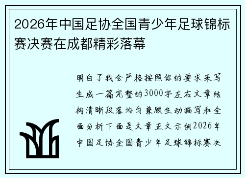 2026年中国足协全国青少年足球锦标赛决赛在成都精彩落幕 2026年中国足协全国青少年足球锦标赛决赛在成都精彩落幕